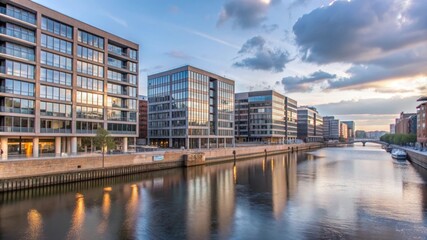 Obraz premium A contemporary city scene with modern architecture reflected in a calm river, symbolizing urban development, reflection, tranquility, progress, and water.