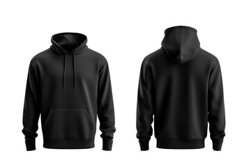 Classic black hoddie displayed front and back view isolated on white background 