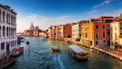Obraz premium A view of Venice from a bridge with colorful buildings and a boat passing by