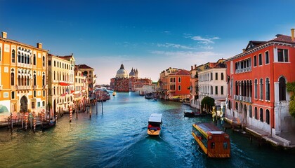 Obraz premium A view of Venice from a bridge with colorful buildings and a boat passing by