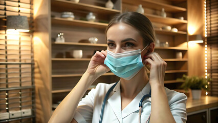 Side view of serious female nurse in uniform putting on medical mask before work while standing in clinic during coronavirus epidemic and looking away
