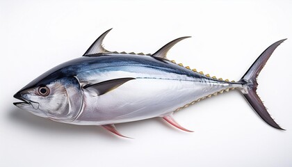 A whole raw tuna fish on a white background