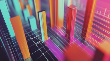 Obraz premium A detailed view of a 3D bar chart with multiple bars in varying heights, set against a white background with grid lines for better data interpretation.