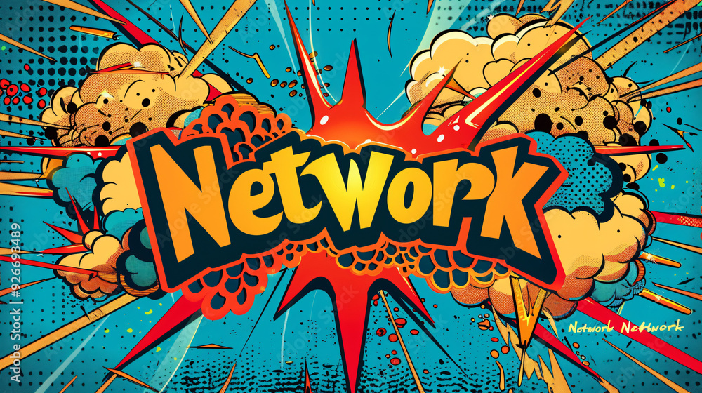 Poster Comic book style explosions and the word network convey the importance of communication and networking