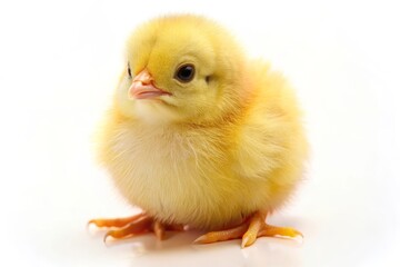 Obraz premium A fluffy yellow chick stands on a white background, symbolizing new life, innocence, fragility, spring, and hope.