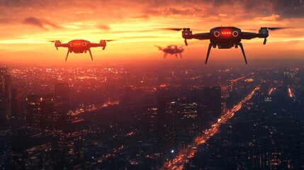AI-Enhanced Public Safety with Autonomous Drones: Urban areas featuring autonomous drones for public safety managed by AI.