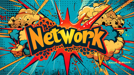 Comic book style explosions and the word network convey the importance of communication and networking