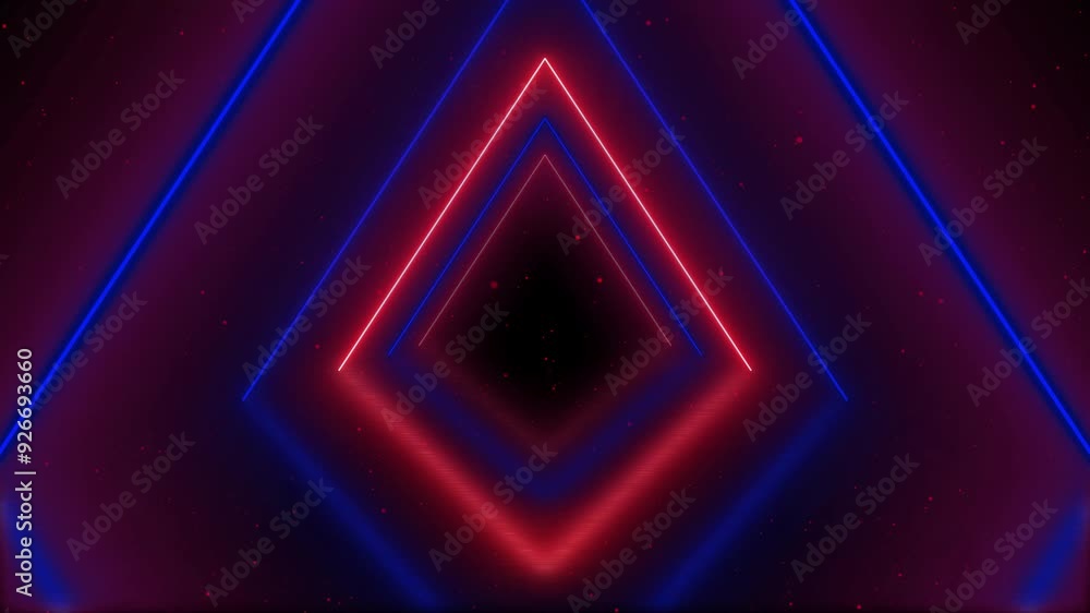 Poster 4k neon glowing triangle tunnel with light lines on a transparent background. flying through a neon 