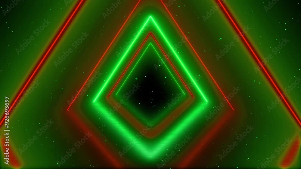 Poster 4k neon glowing triangle tunnel with light lines on a transparent background. flying through a neon 
