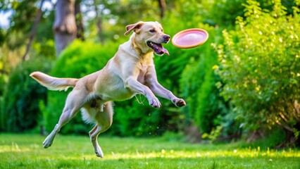 A happy golden retriever dog leaps through the air, tongue out and eyes focused, as it chases a flying frisbee. The dog is in a park setting with lush green grass and trees in the background, symboliz