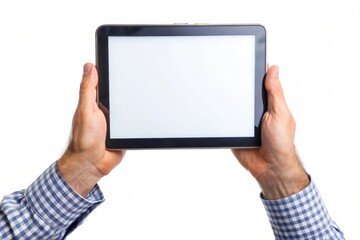 A man's hands holding a tablet with a blank screen. The tablet is isolated on a white background, making it perfect for product placement or design mockups. This image represents technology, connectiv