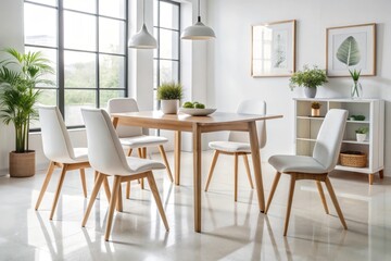 A modern dining room featuring a wooden table and white chairs, with a simple design and natural light, symbolizing contemporary living, functionality, minimalism, comfort, and style.