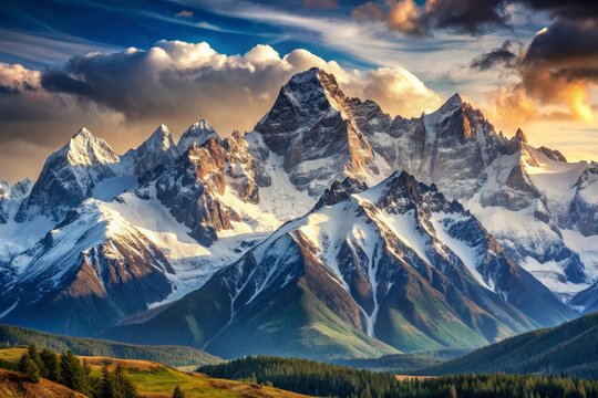 A panoramic view of a majestic mountain range with snow-capped peaks bathed in the golden light of sunset. The sky is filled with dramatic clouds, adding to the sense of grandeur and awe-inspiring bea