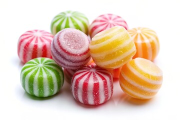 Obraz premium A pile of colorful striped hard candies, symbolizing sweetness, joy, variety, childhood, and indulgence.