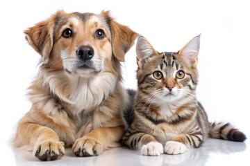 A playful dog and cat are lying down side by side, gazing at the camera with a look of companionship and affection. They symbolize friendship, loyalty, and the bond between different species.