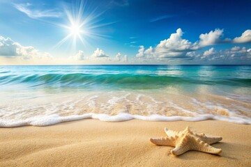 A serene beach scene with a calm ocean, bright blue sky, white clouds, and a starfish on the golden sand symbolizing peace, relaxation, vacation, summer, and paradise.