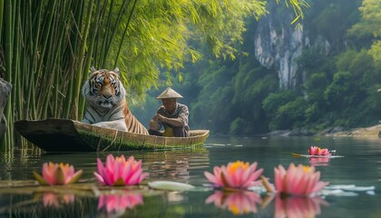 AI generator image of An old man is fishing on a boat and a cormorant is nearby. ,The boat floats in the middle of a lotus pond with very beautiful yellow wisteria flowers.	