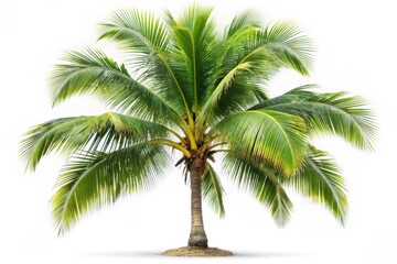 Fototapeta premium A single coconut palm tree with vibrant green fronds stands tall against a pristine white background. The image symbolizes tranquility, relaxation, paradise, and the beauty of nature.