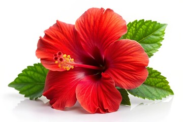 A single red hibiscus flower with green leaves, showcasing beauty, nature, tropical, floral, and summer.