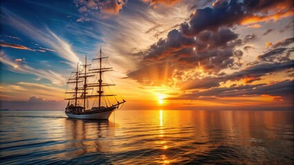 Obraz premium Ship sailing on the water at sunset, sunset, ocean, ship, water, evening, tranquil, peaceful, horizon, beauty, nature, travel