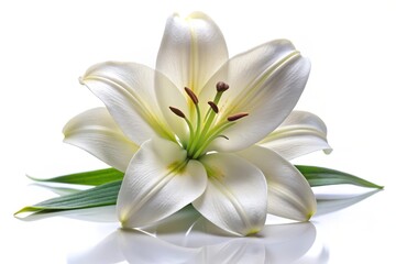 Fototapeta premium A single white lily flower with green leaves, showcasing purity, elegance, and new beginnings. The white background emphasizes the flower's beauty.