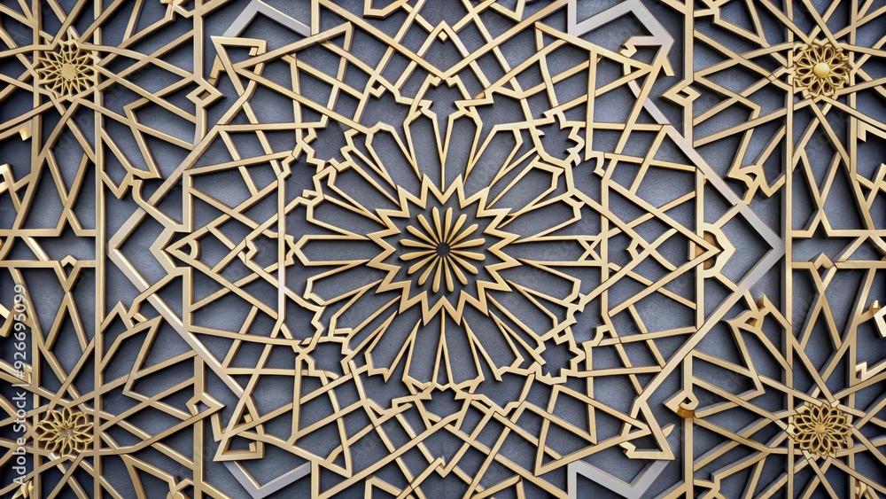 Poster a symmetrical pattern of intricate golden geometric shapes on a gray background. this image symboliz
