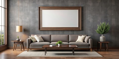 Living room wall art mockup on gray wall with wide horizontal dark wood frame in brown, living room, wall art