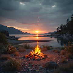 sunset over the lake with a bonfire