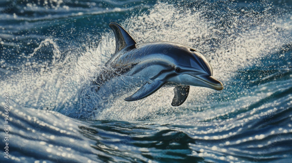 Poster a detailed view of a dolphin diving into the water, with a focus on the splash and the dolphin's str