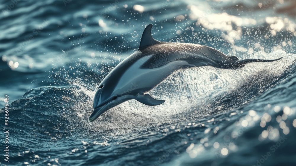 Poster a detailed view of a dolphin diving into the water, with a focus on the splash and the dolphin's str