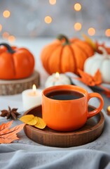 Autumn Coffee With Pumpkins and Candles in Cozy Decor