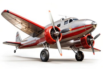 A vintage airplane with red and silver paint, isolated on a white background. The plane is a symbol of travel, adventure, freedom, and the past.
