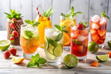 Fototapeta premium A vibrant summer beverage selection featuring four refreshing drinks with citrus, mint, and ice in clear glasses on a white wooden table, symbolizing relaxation, hydration, and summer vibes.
