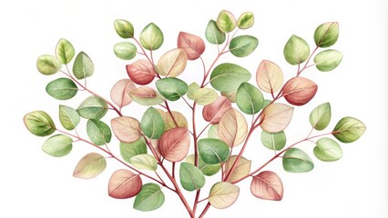 Obraz premium A watercolor painting of a eucalyptus branch with green and red leaves. The leaves are arranged in a beautiful and natural way, symbolizing growth, freshness, and the beauty of nature.