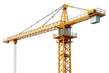 A yellow construction crane isolated on a white background, symbolizing construction, industry, development, progress, and machinery.