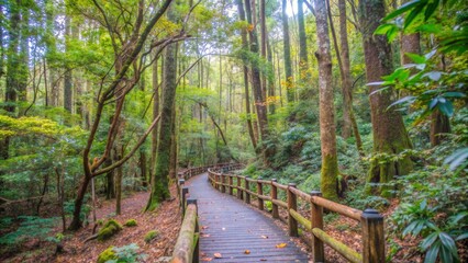 Fototapeta premium A wooden pathway winds through a serene forest, surrounded by vibrant foliage, showcasing the tranquility and beauty of nature. The path symbolizes peace, exploration, adventure, connection with natur
