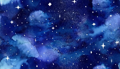 Blue watercolor seamless pattern. Hand painted abstract background. Night starry sky. Universe. Cosmos.