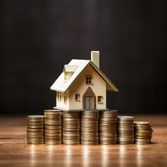 A model house is positioned on a stack of coins, symbolizing the practice of saving and exercising financial prudence in the pursuit of homeownership and financial stability.