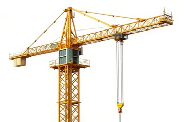 A yellow construction crane isolated on a white background. The crane is extended, with the hook lowered. It symbolizes construction, industry, engineering, growth, and development.