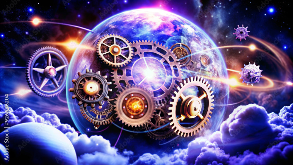 Poster this image symbolizes the interconnectedness of the universe, with gears representing the intricate 