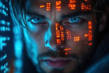 shadowy hacker hunched over glowing screen digital matrix overlay futuristic tech interface reflecting off face clandestine cybersecurity operation underway