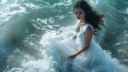 Asian woman in white dress playing in the sea