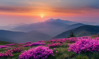 Sunrise Over Mountain Range With Blooming Pink Rhododendrons