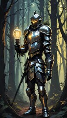Knight Holding Lightbulb in Forest
