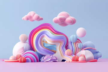 Fantastical scene with vibrant pastel swirls creating an abstract landscape with fluffy white clouds, floating spheres and whimsical shapes aglow with soft hues, dreamlike or otherworldly realm