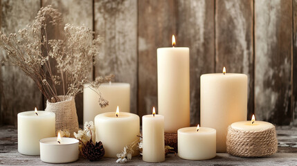 Cozy home decor with lit candles and rustic background. Festive atmosphere.