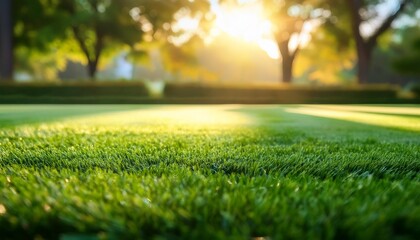 Fototapeta premium Close-up of artificial grass with a blurred background of trees and sunlight