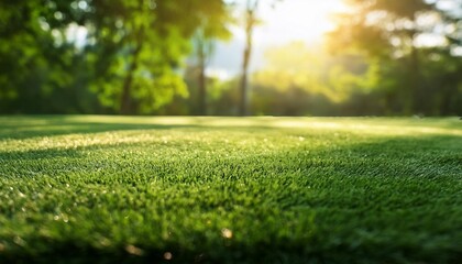 Fototapeta premium Close-up of artificial grass with a blurred background of trees and sunlight