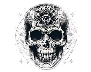 Fototapeta premium Front view of a natural human skull, with black and white detailed illustration 