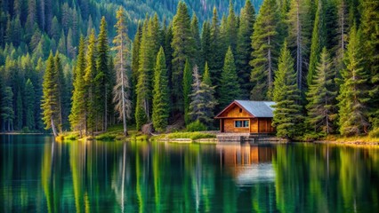Obraz premium Cabin nestled among pine trees by the lake shore, Cabin, pine trees, lake, serene, tranquil, nature, forest, woodland